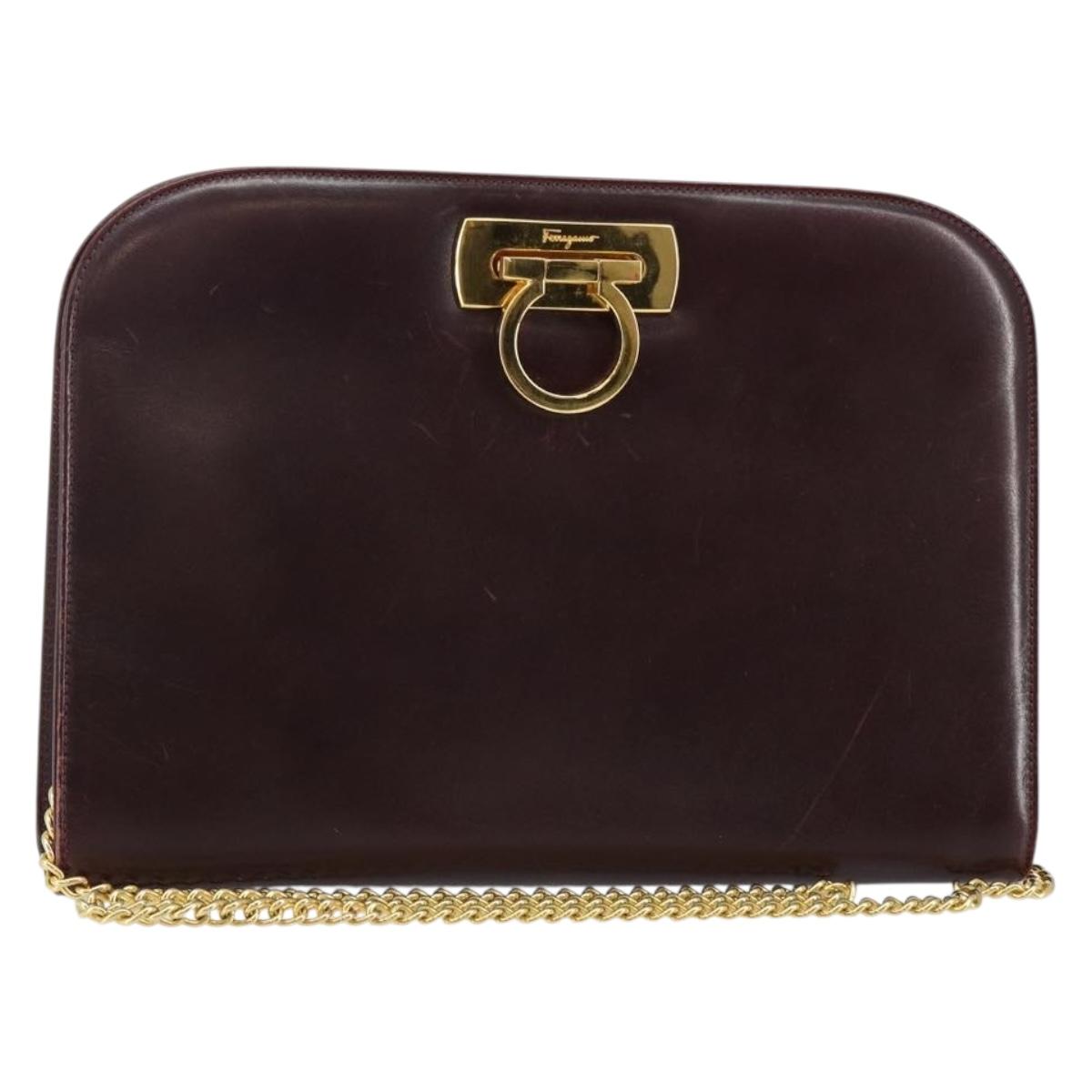Salvatore Ferragamo Gancini Chain Shoulder Bag Leather Bordeaux Gold Auth BA5939