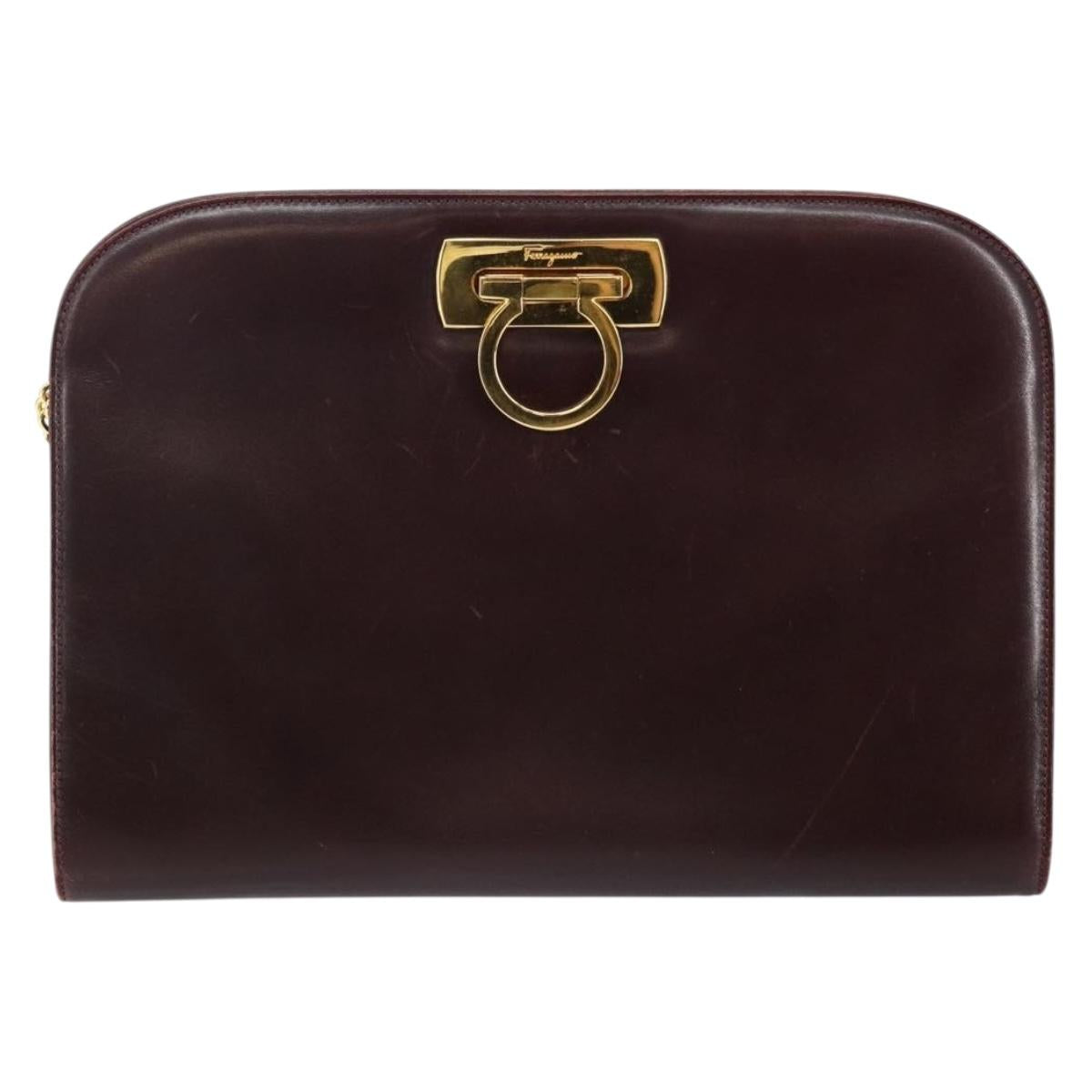 Salvatore Ferragamo Gancini Chain Shoulder Bag Leather Bordeaux Gold Auth BA5939