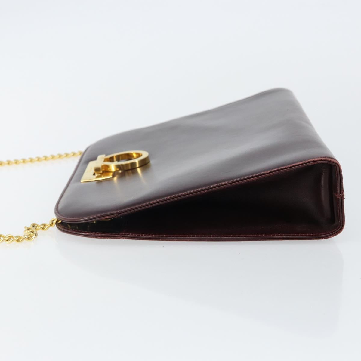 Salvatore Ferragamo Gancini Chain Shoulder Bag Leather Bordeaux Gold Auth BA5939