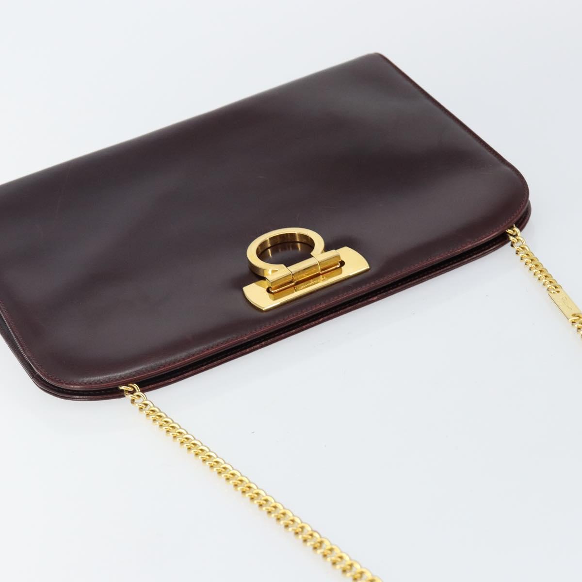 Salvatore Ferragamo Gancini Chain Shoulder Bag Leather Bordeaux Gold Auth BA5939
