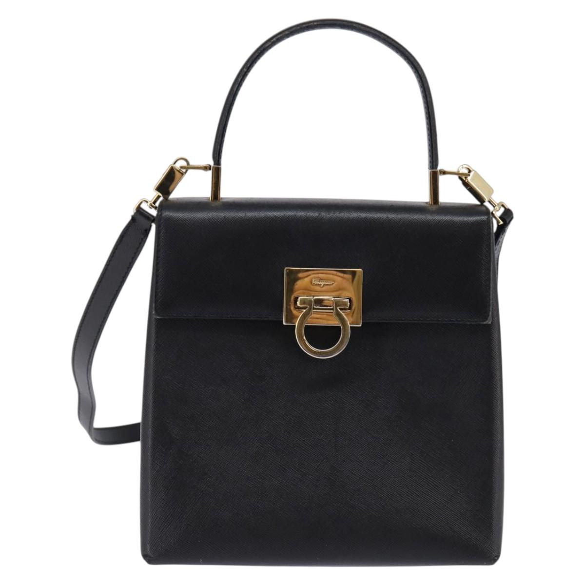 Salvatore Ferragamo Gancini Hand Bag Leather 2way Black Gold Auth BA5941
