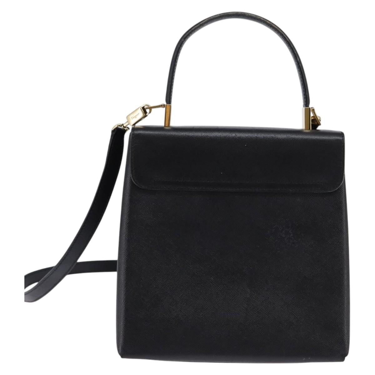 Salvatore Ferragamo Gancini Hand Bag Leather 2way Black Gold Auth BA5941