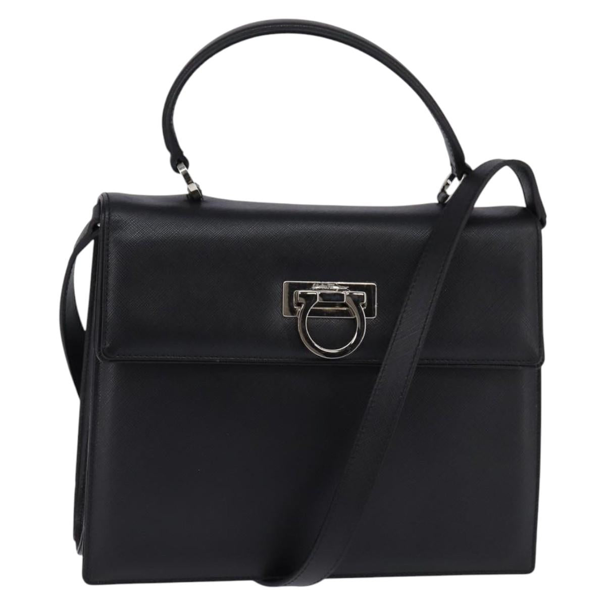 Salvatore Ferragamo Gancini Hand Bag Leather 2way Black Silver Auth BA5942