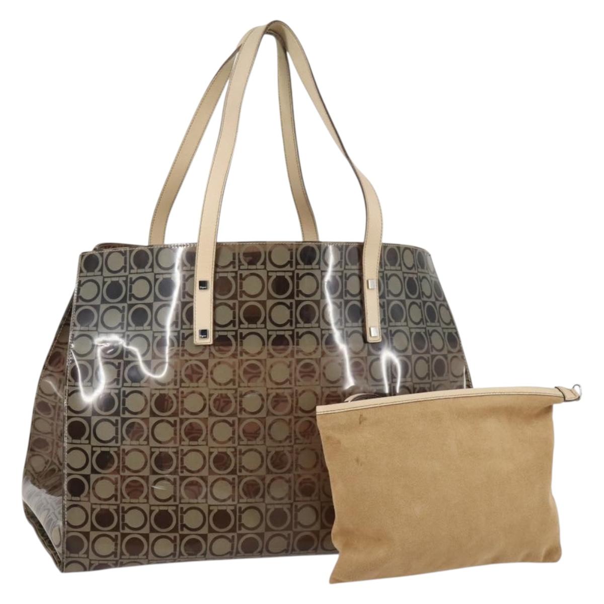 Salvatore Ferragamo Tote Bag Vinyl Brown Silver Auth BA5943