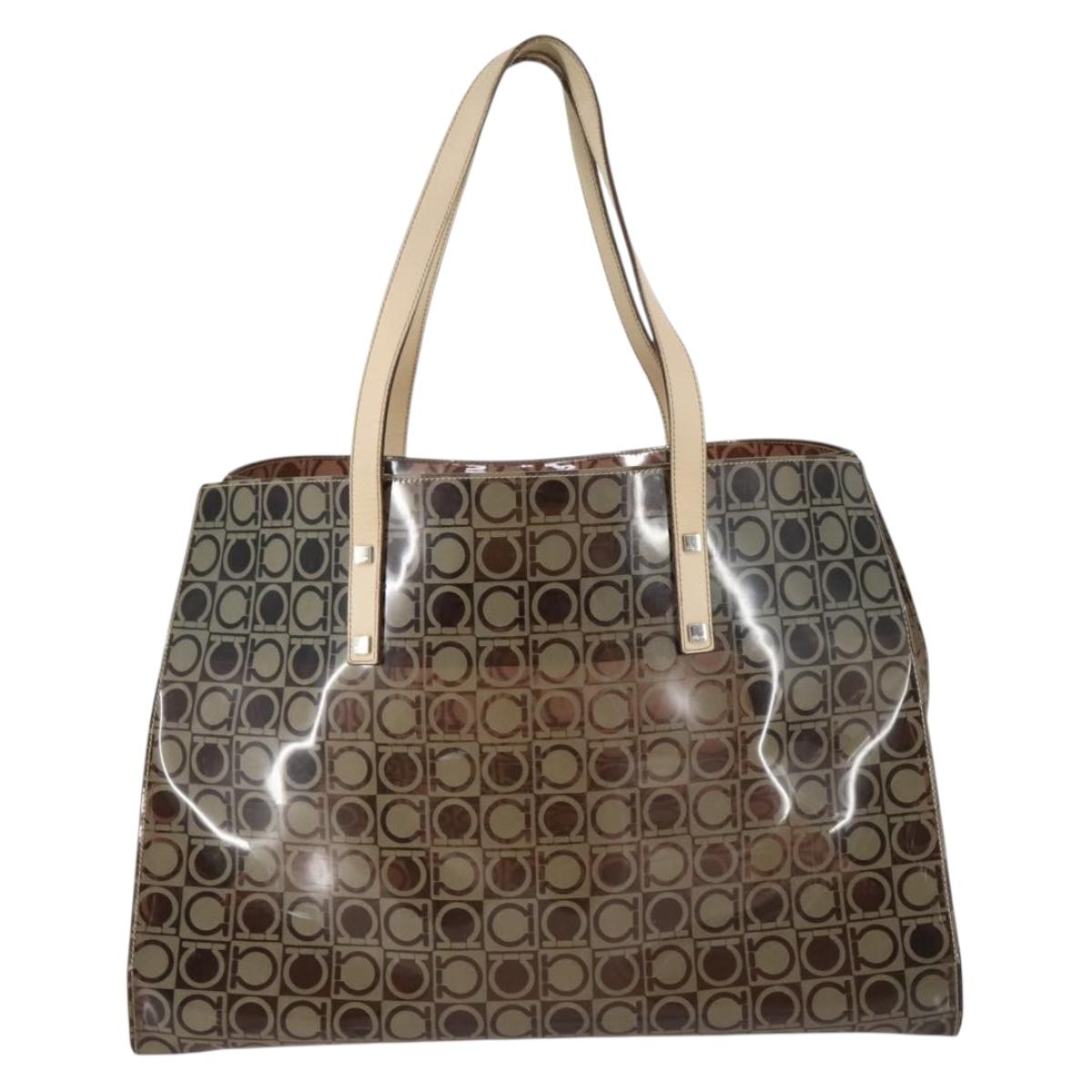 Salvatore Ferragamo Tote Bag Vinyl Brown Silver Auth BA5943