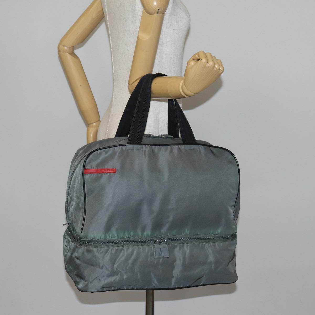 PRADA Sports Boston Bag Nylon Gray Silver Auth BA5947