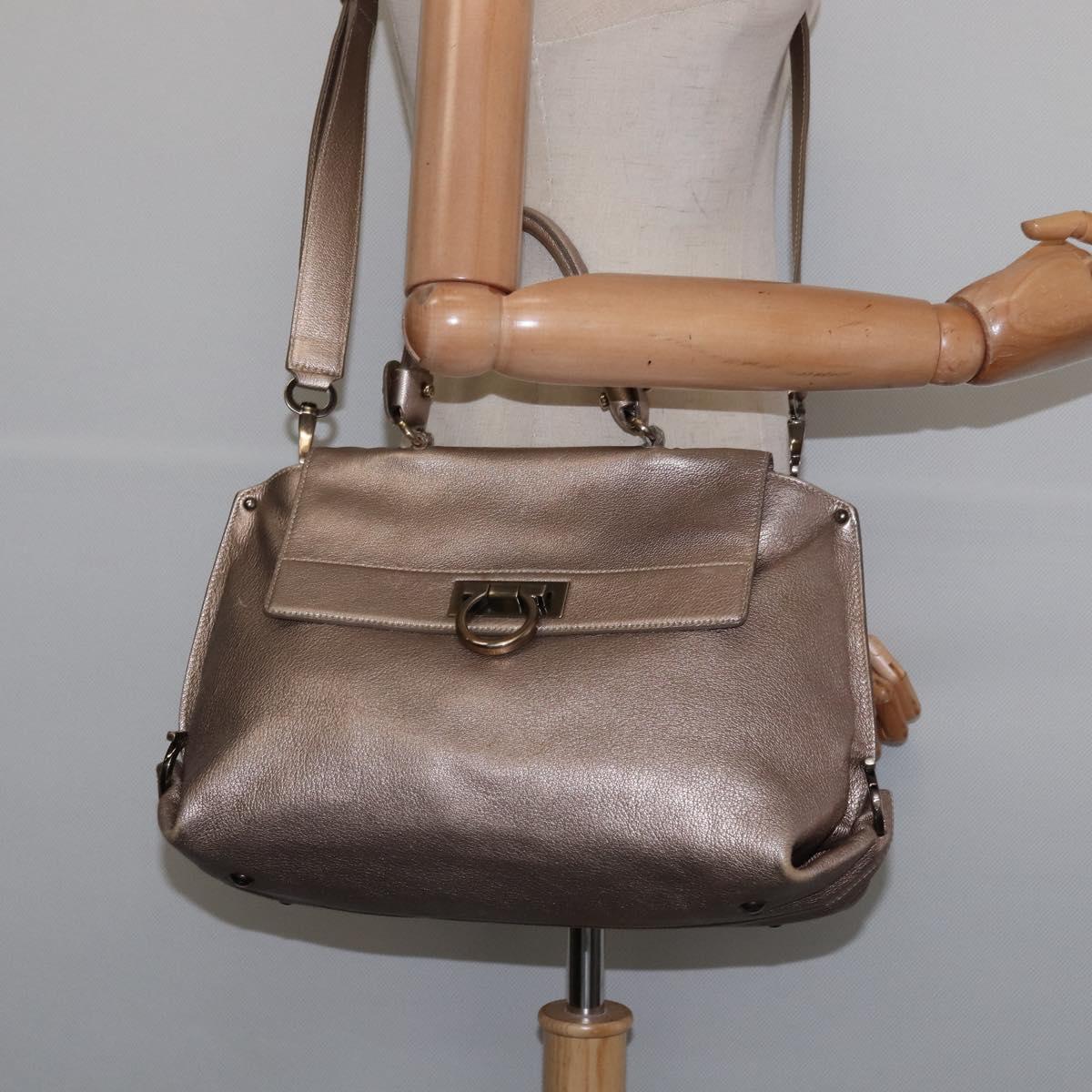Salvatore Ferragamo Gancini Hand Bag Leather 2way Beige Gold Auth BA5964
