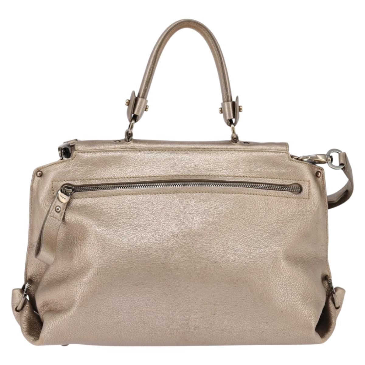 Salvatore Ferragamo Gancini Hand Bag Leather 2way Beige Gold Auth BA5964