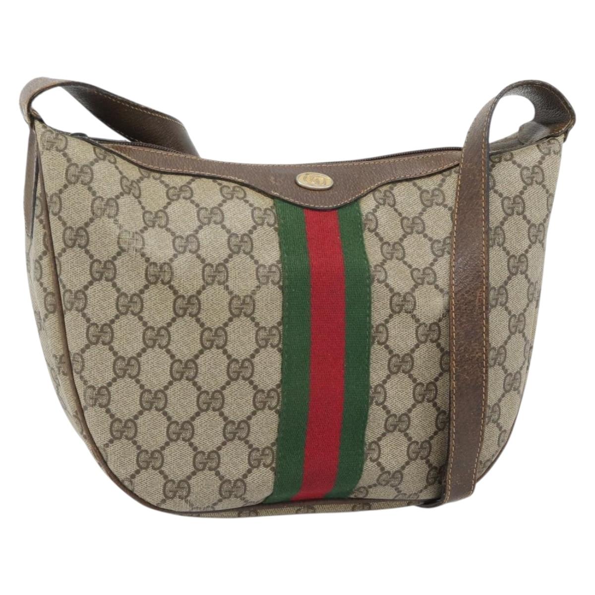 GUCCI GG Supreme Web Sherry Line Shoulder Bag PVC Beige Gold Auth BA5968