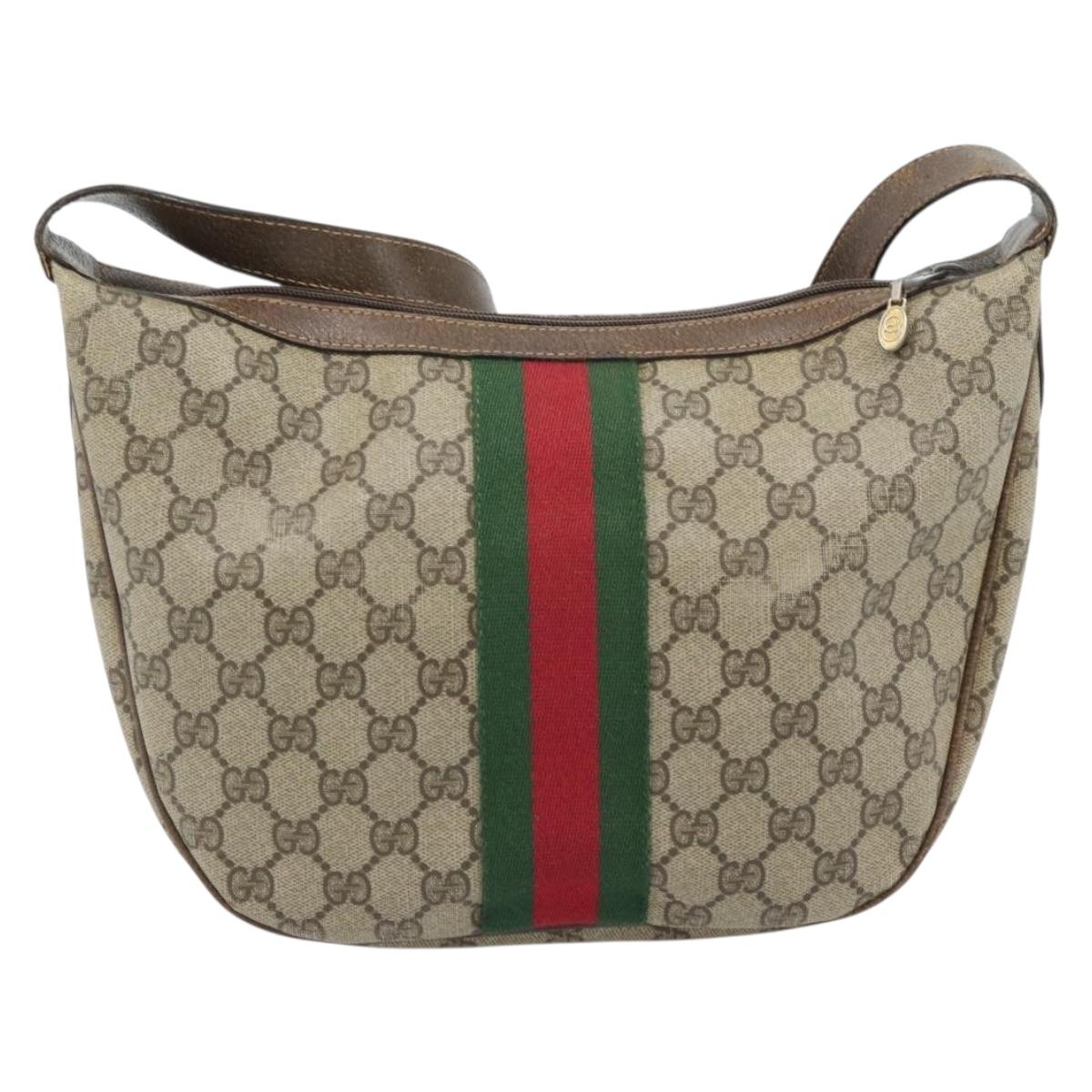 GUCCI GG Supreme Web Sherry Line Shoulder Bag PVC Beige Gold Auth BA5968