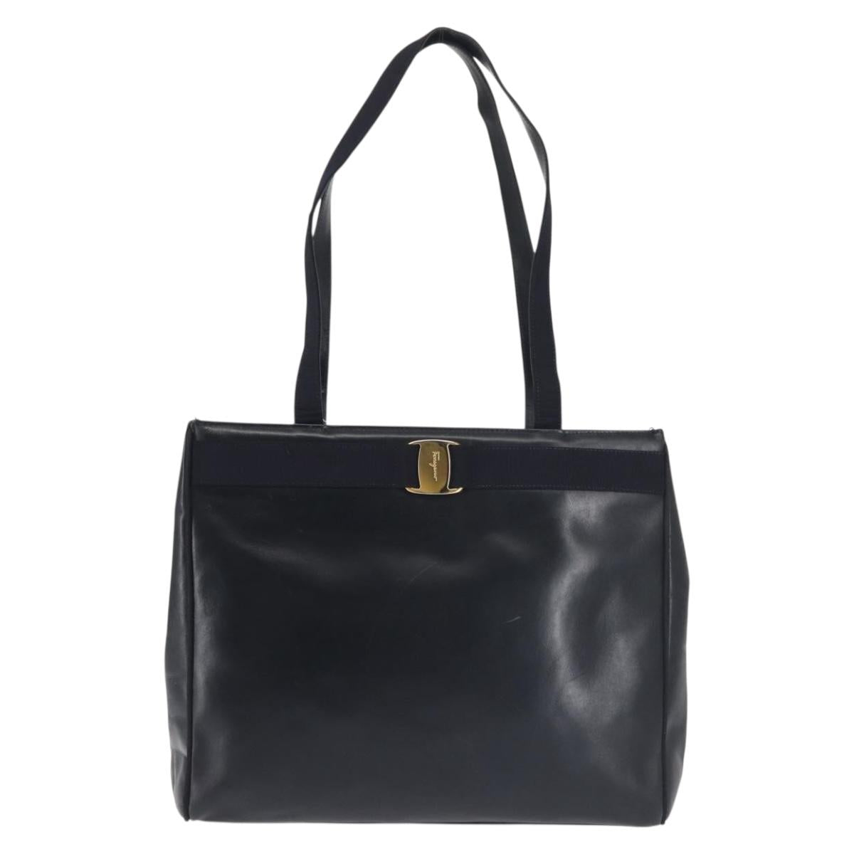 Salvatore Ferragamo Vala Tote Bag Leather Navy Gold Auth BA6019