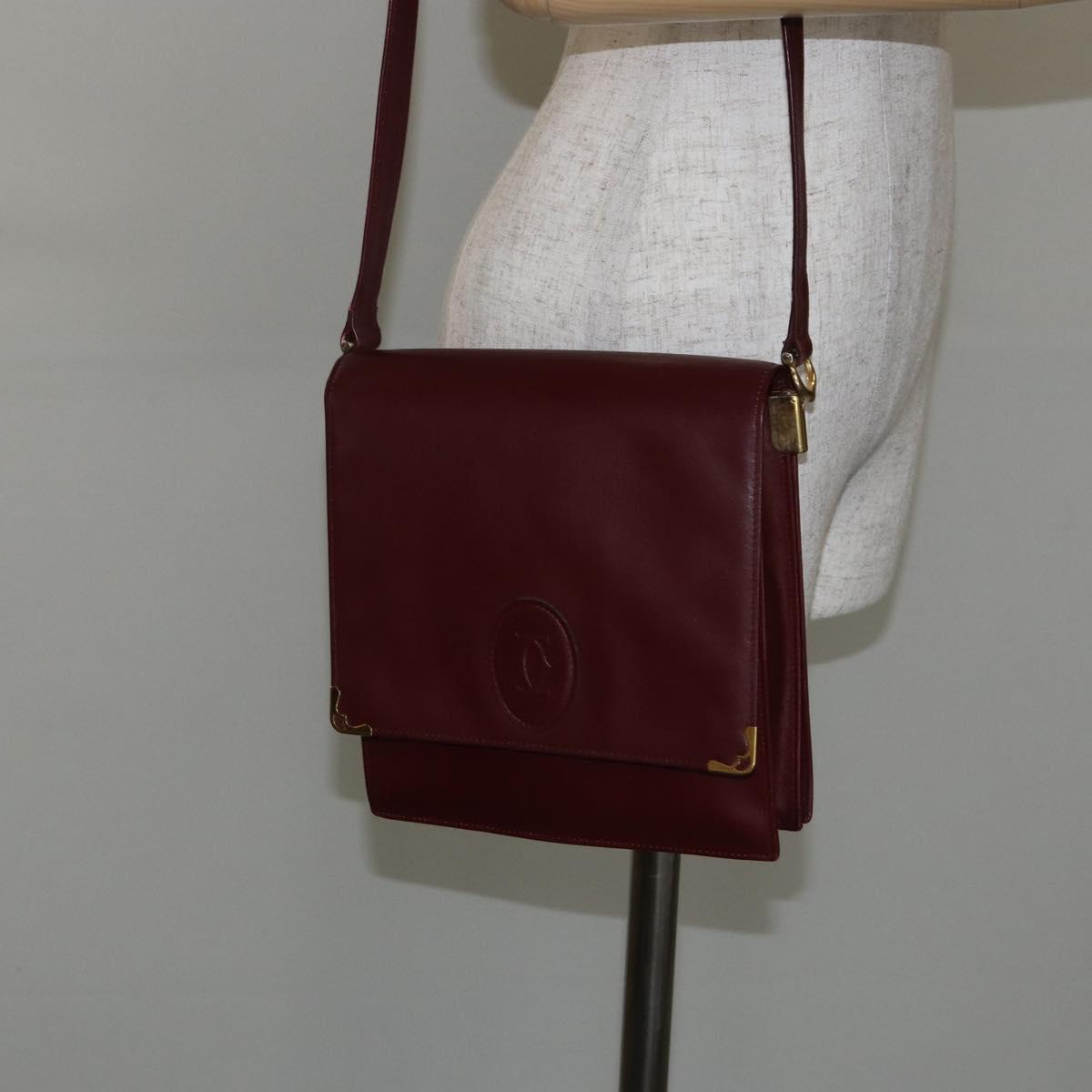 CARTIER Must Line Shoulder Bag Leather Bordeaux Gold Auth BA6028