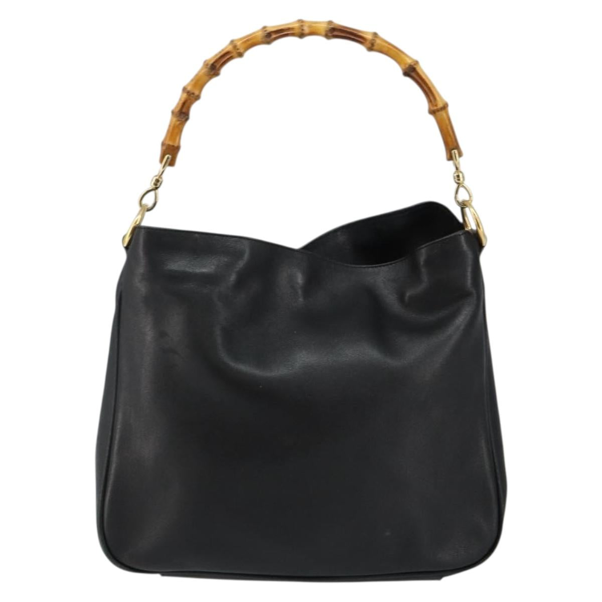 GUCCI Bamboo Hand Bag Leather Black Gold 001 3754 1638 Auth BA6049