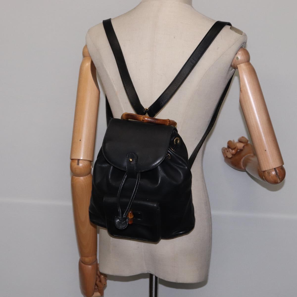 GUCCI Bamboo Backpack Leather Black Gold 003 1705 0030 Auth BA6050