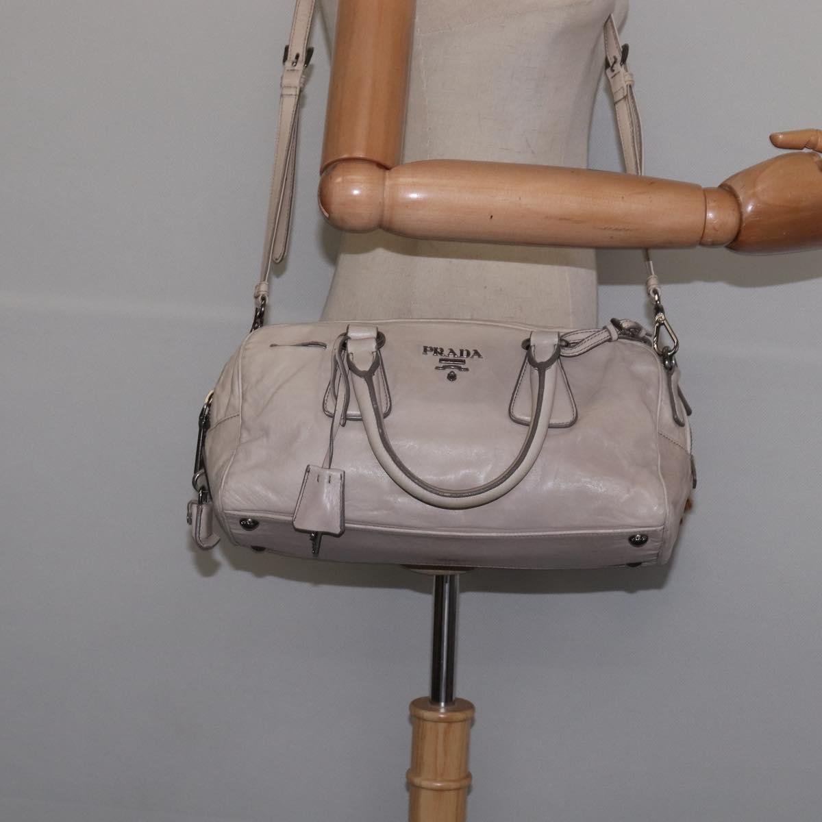 PRADA Hand Bag Leather 2way Beige Silver Auth BA6054