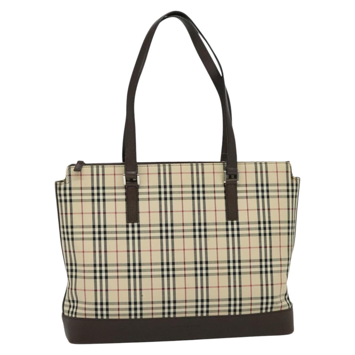BURBERRY Nova Check Tote Bag Canvas Beige Silver Auth BA610