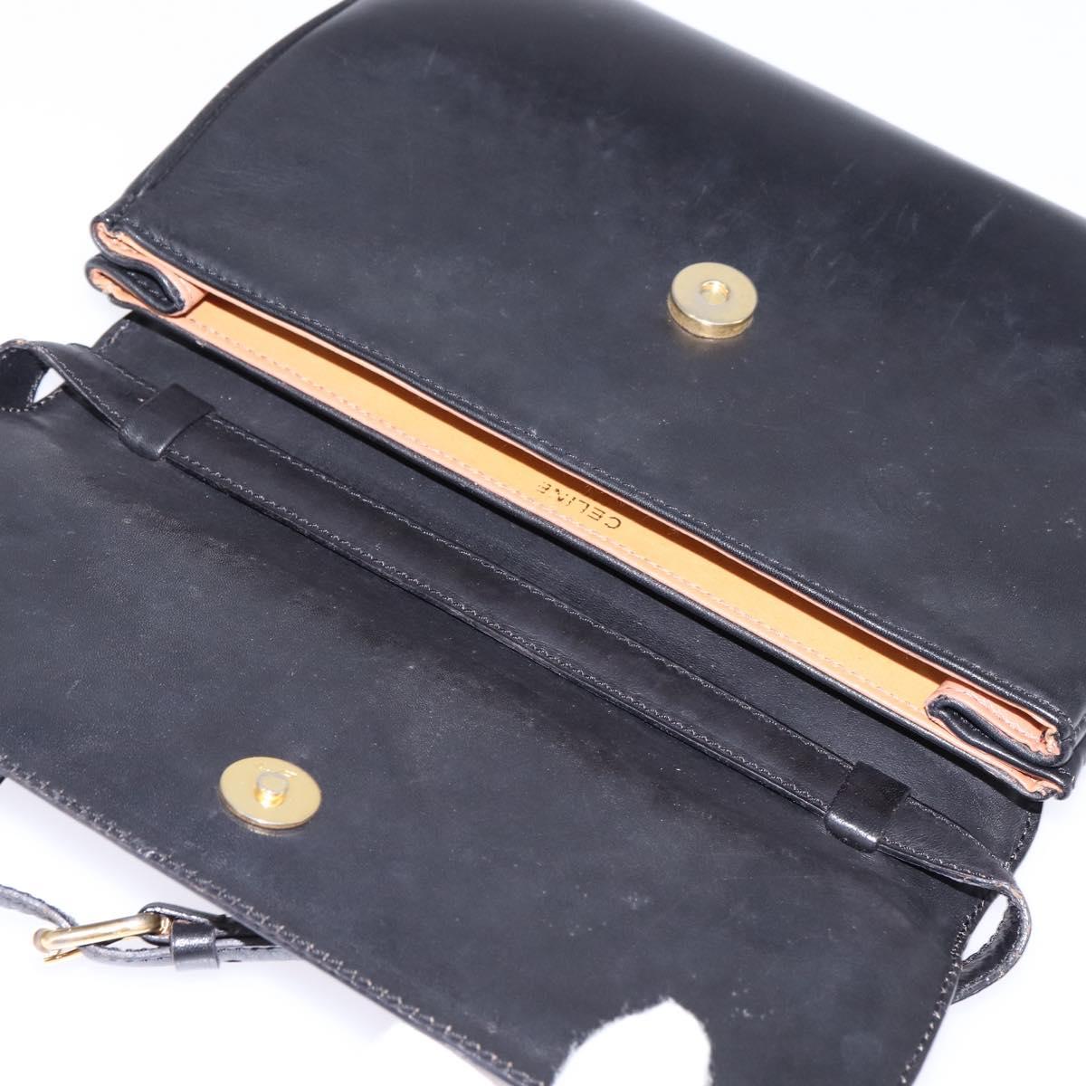 CELINE Shoulder Bag Leather Black Gold Auth BA6109