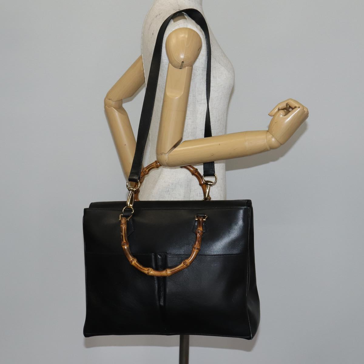 GUCCI Bamboo Hand Bag Leather 2way Black Gold 002 2855 0322 0 Auth BA6143