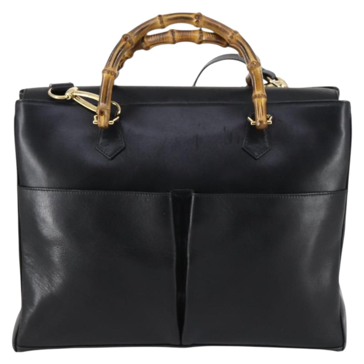 GUCCI Bamboo Hand Bag Leather 2way Black Gold 002 2855 0322 0 Auth BA6143