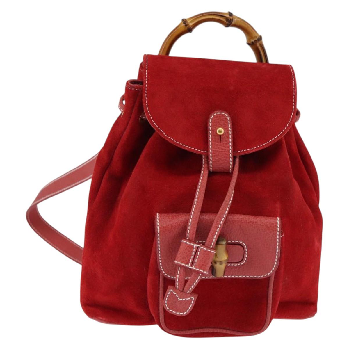 GUCCI Bamboo Backpack Suede Leather Red Gold Auth BA6144
