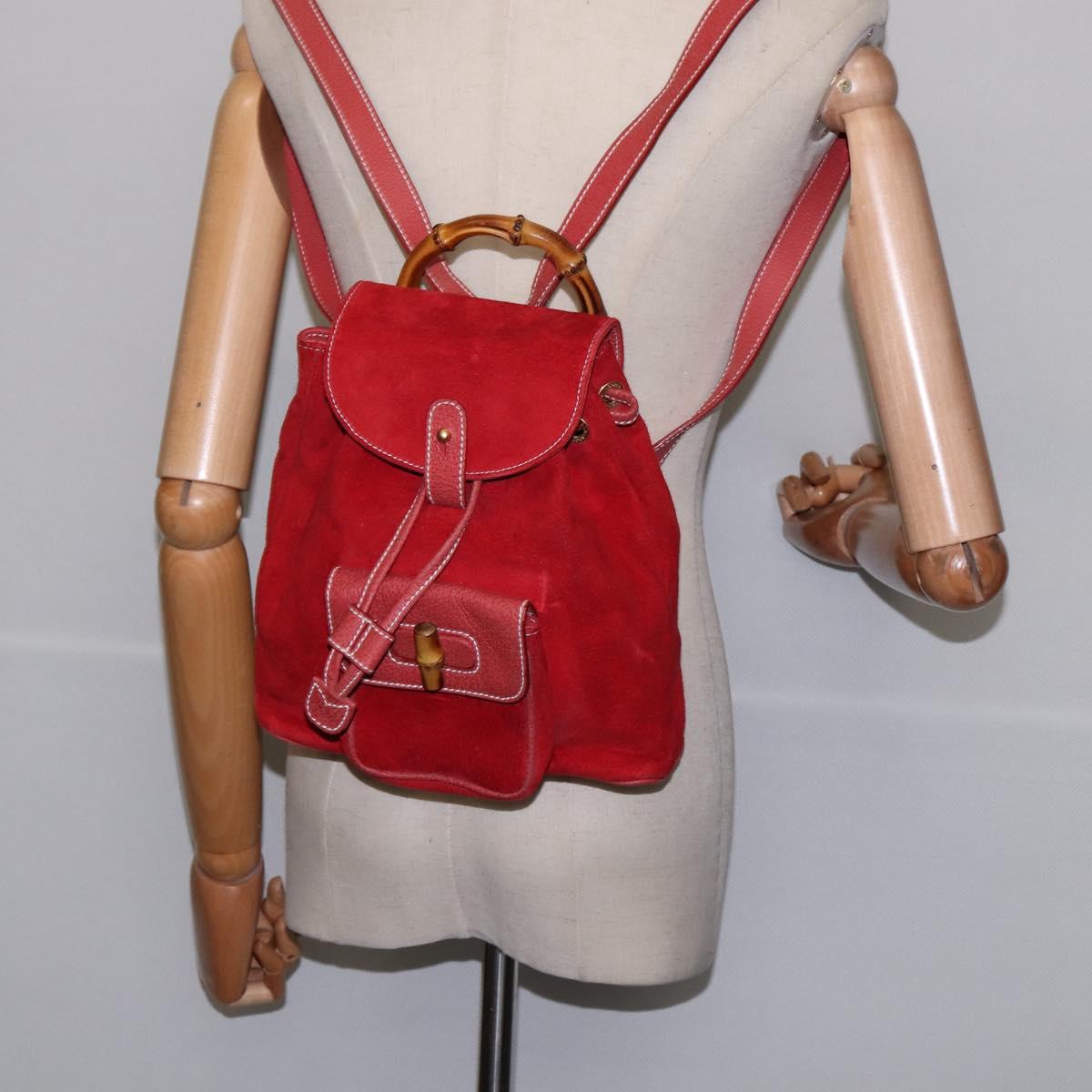 GUCCI Bamboo Backpack Suede Leather Red Gold Auth BA6144
