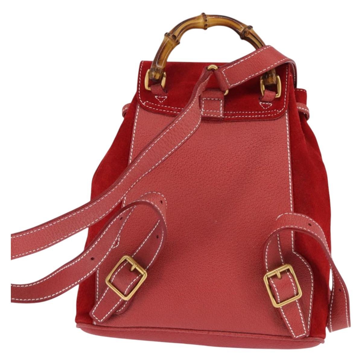 GUCCI Bamboo Backpack Suede Leather Red Gold Auth BA6144