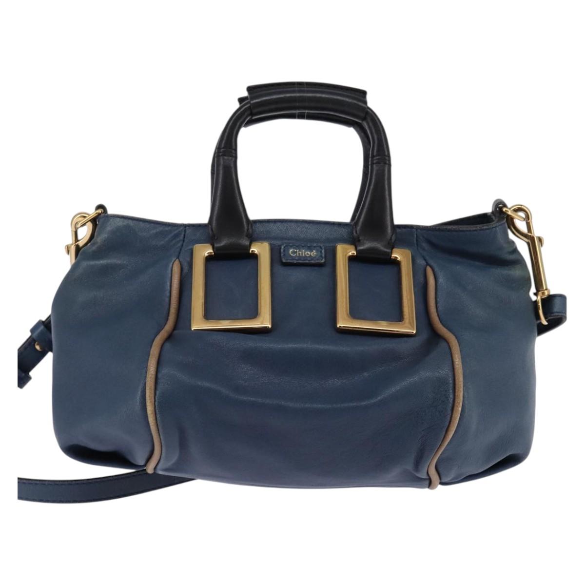 Chloe Etel Hand Bag Leather 2way Blue Gold Auth BA6149
