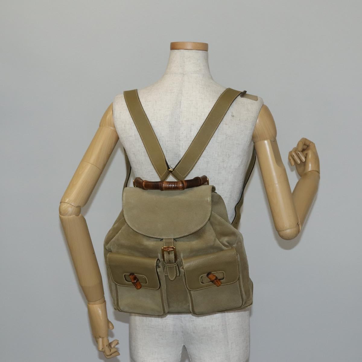 GUCCI Bamboo Backpack Suede Khaki Gold 003 58 0016 Auth BA6204