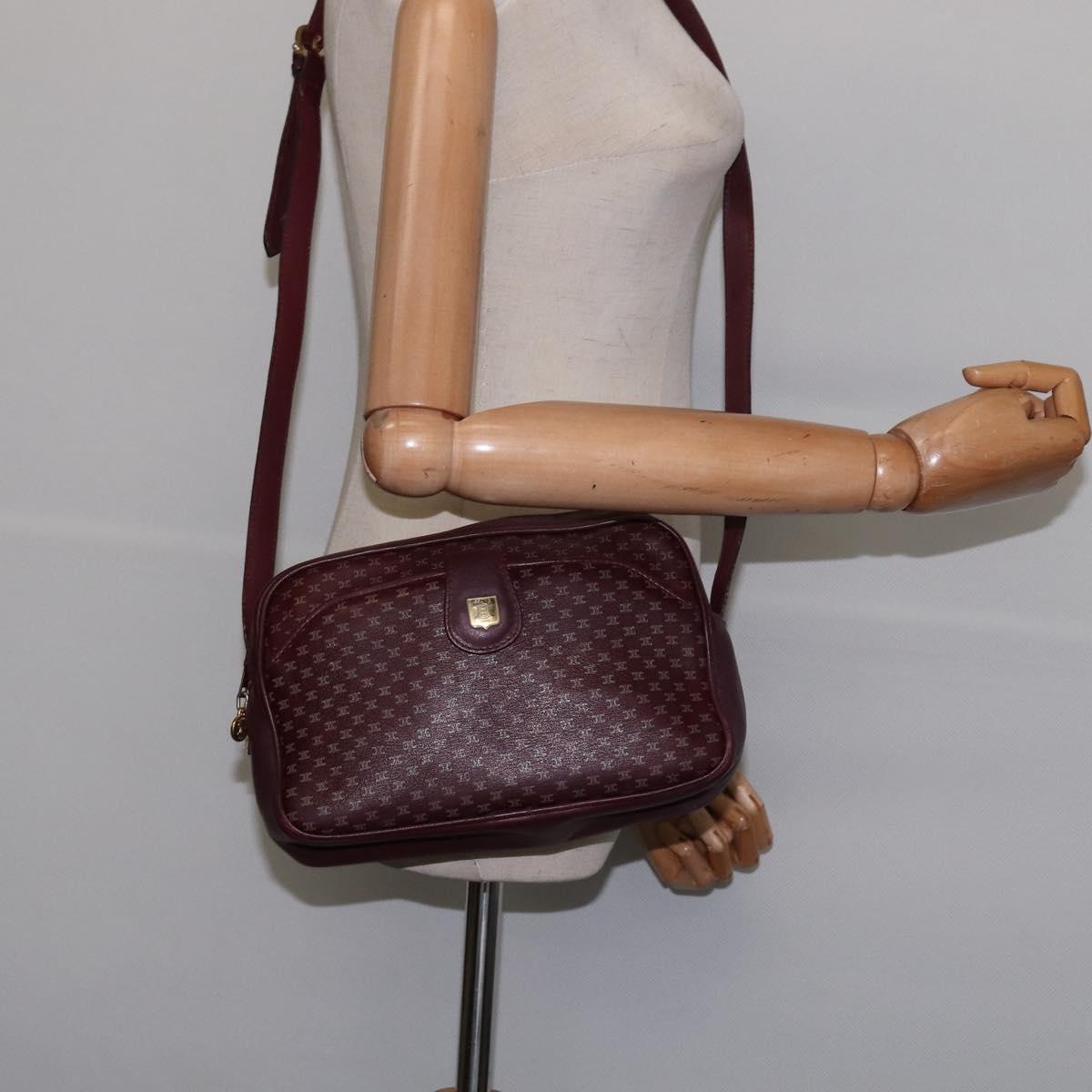 CELINE Macadam Canvas Shoulder Bag Bordeaux Gold Auth BA6206