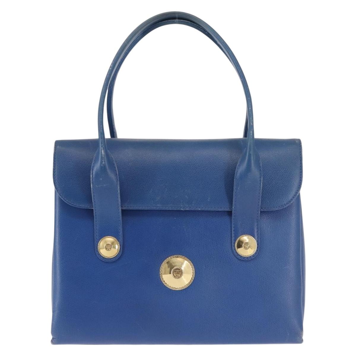 MCM Hand Bag Leather Blue Gold Auth BA6222