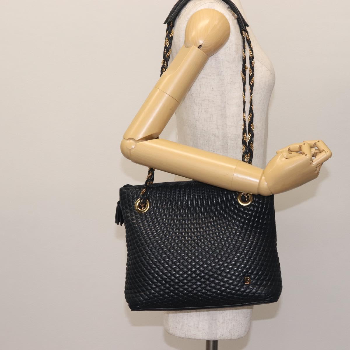 BALLY Chain Shoulder Bag Leather Navy Gold Auth BA6225