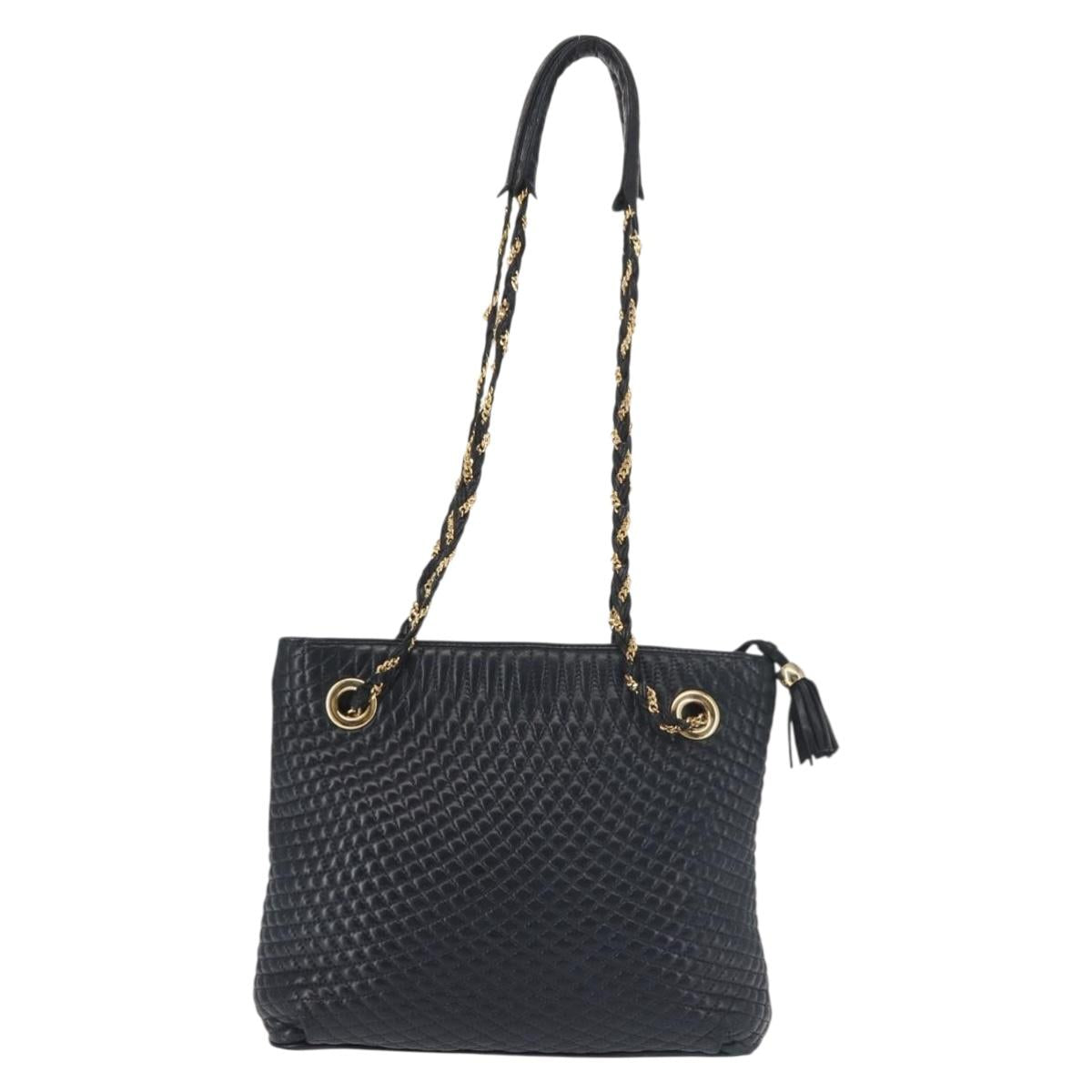 BALLY Chain Shoulder Bag Leather Navy Gold Auth BA6225
