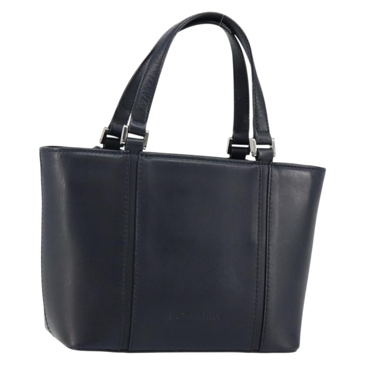 BURBERRY Hand Bag Leather Navy Silver Auth BA6227