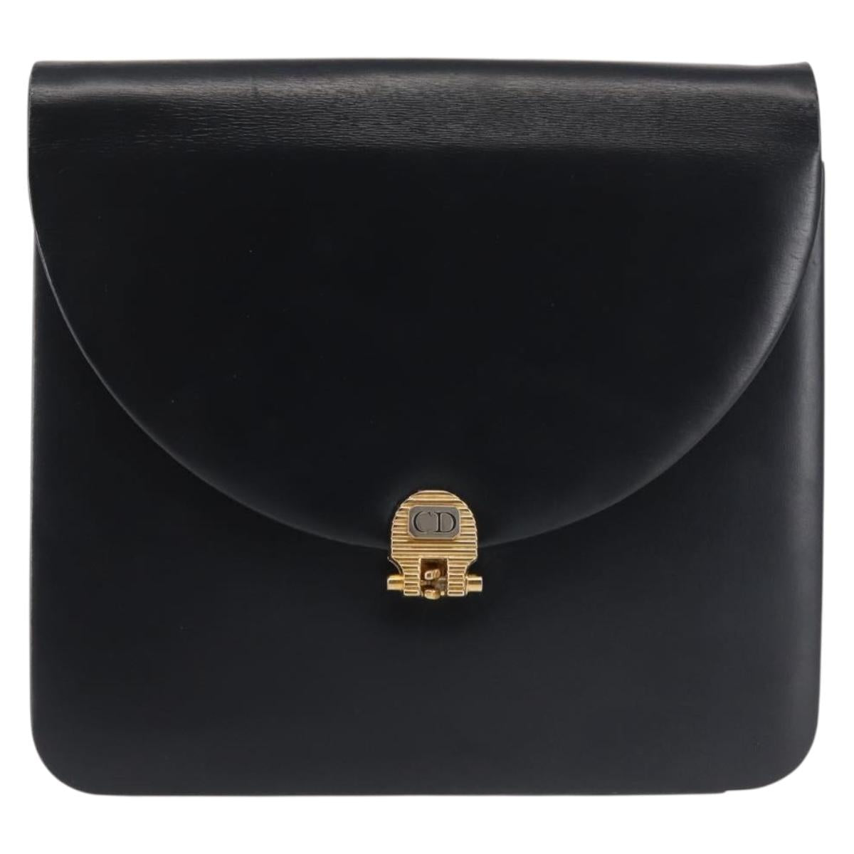 Christian Dior Chain Shoulder Bag Leather Navy Gold Auth BA6234