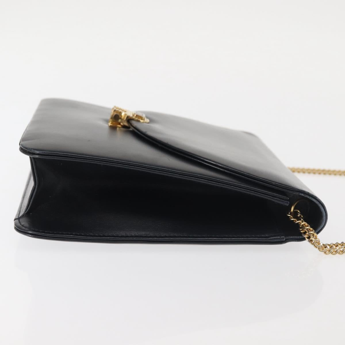 Christian Dior Chain Shoulder Bag Leather Navy Gold Auth BA6234