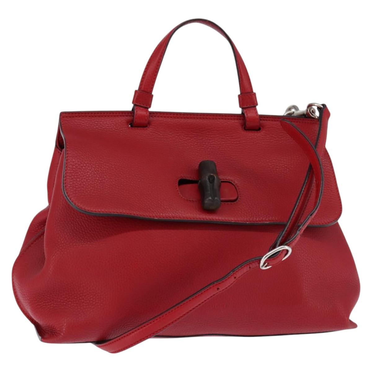GUCCI Bamboo Daily Hand Bag Leather 2way Red Silver 392013 Auth BA6241