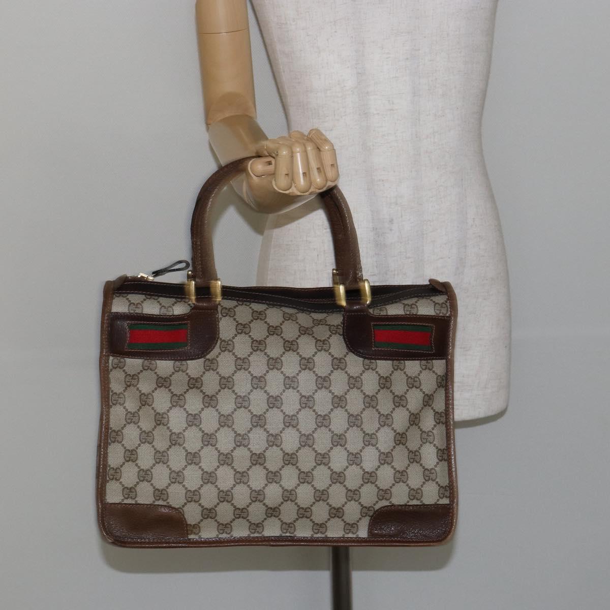 GUCCI GG Supreme Web Sherry Line Hand Bag PVC Beige Gold Red Auth BA6243