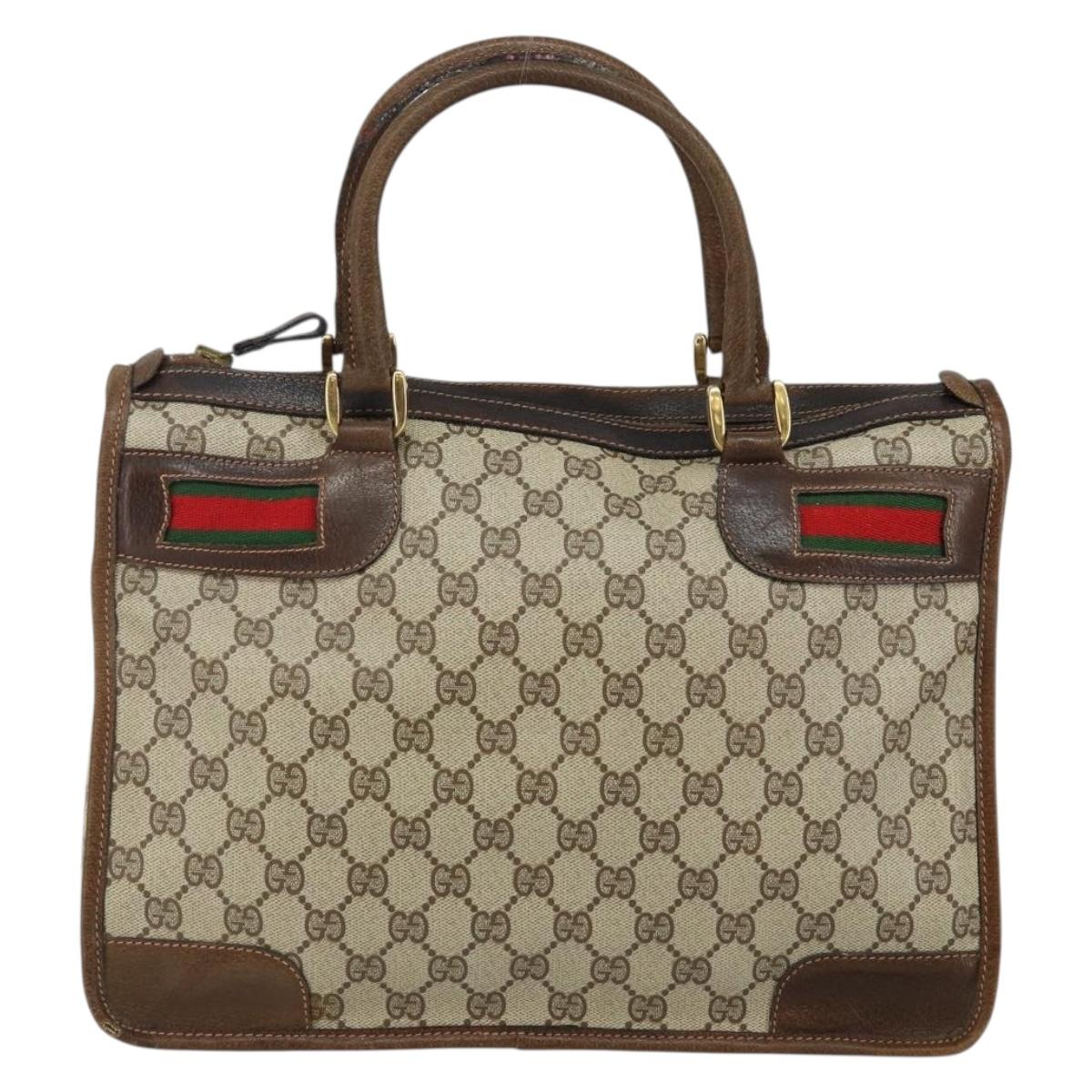 GUCCI GG Supreme Web Sherry Line Hand Bag PVC Beige Gold Red Auth BA6243