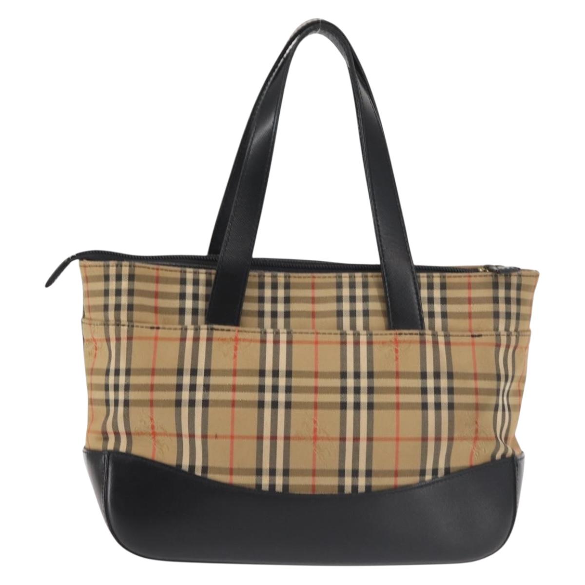 BURBERRY Nova Check Hand Bag Canvas Leather Black Gold Auth BA6246