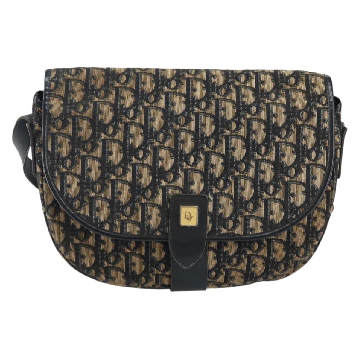 Christian Dior Trotter Canvas Shoulder Bag Navy Gold Auth BA6283