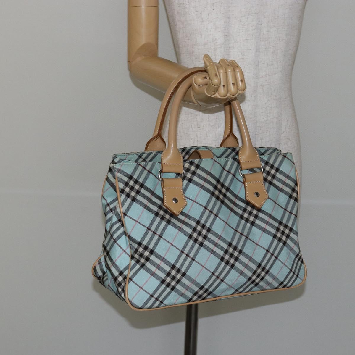 BURBERRY Nova Check Blue Label Hand Bag Nylon Light Blue Silver Auth BA6284