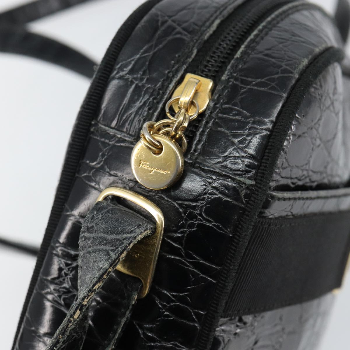 Salvatore Ferragamo Vala Shoulder Bag Leather Embossed Black Gold Auth BA6288