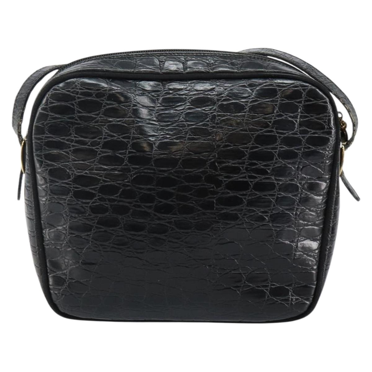 Salvatore Ferragamo Vala Shoulder Bag Leather Embossed Black Gold Auth BA6288