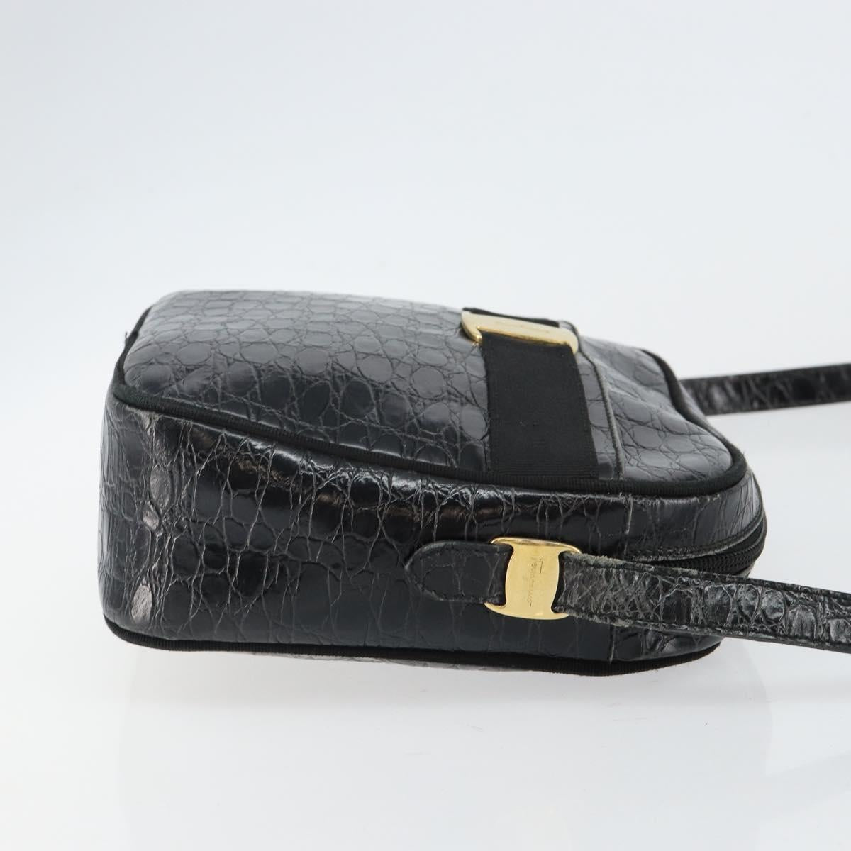 Salvatore Ferragamo Vala Shoulder Bag Leather Embossed Black Gold Auth BA6288
