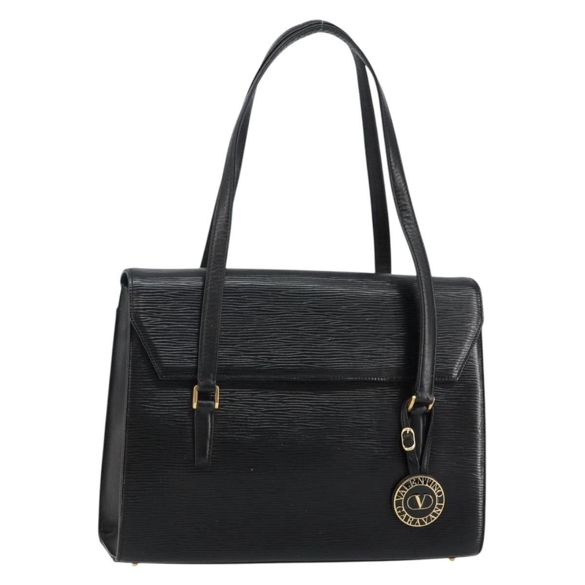 VALENTINO Shoulder Bag Leather Black Gold Auth BA6292