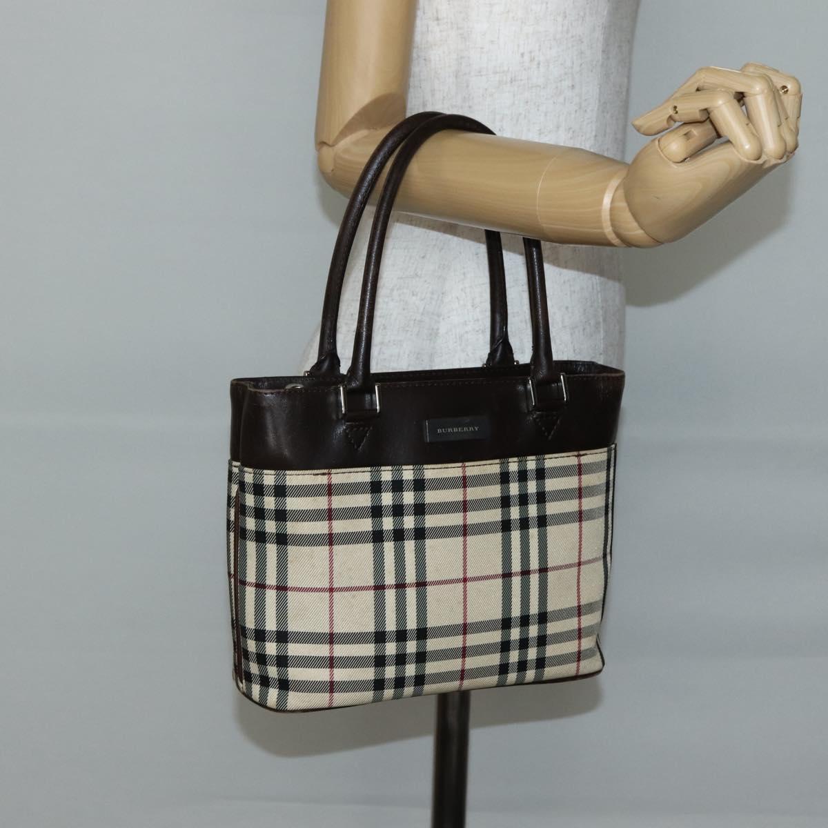 BURBERRY Nova Check Hand Bag Canvas Beige Gold Auth BA6325