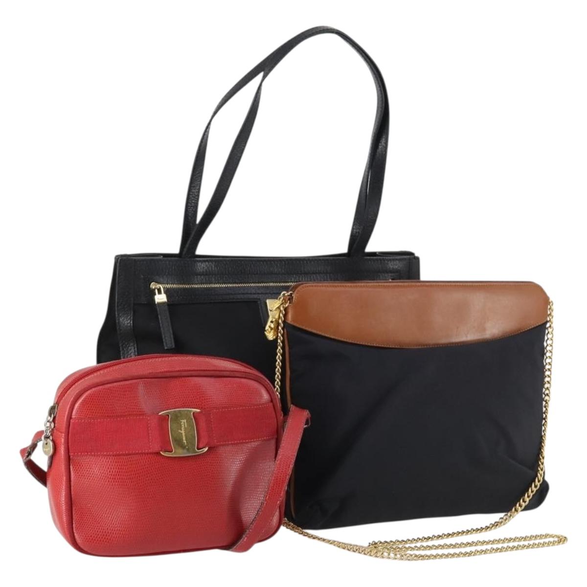Salvatore Ferragamo Shoulder Bag Leather Canvas 3Set Red Black Auth BA6335