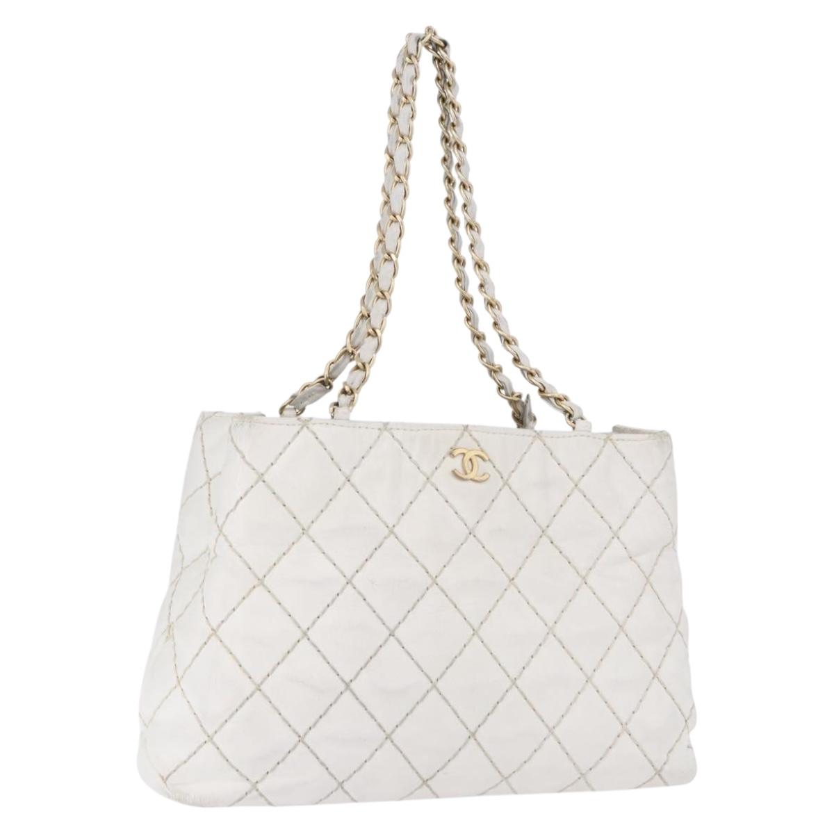 CHANEL Wild Stitch Chain Shoulder Bag Lamb Skin White Gold CC Auth BA6359