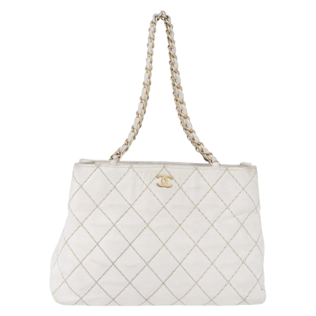 CHANEL Wild Stitch Chain Shoulder Bag Lamb Skin White Gold CC Auth BA6359