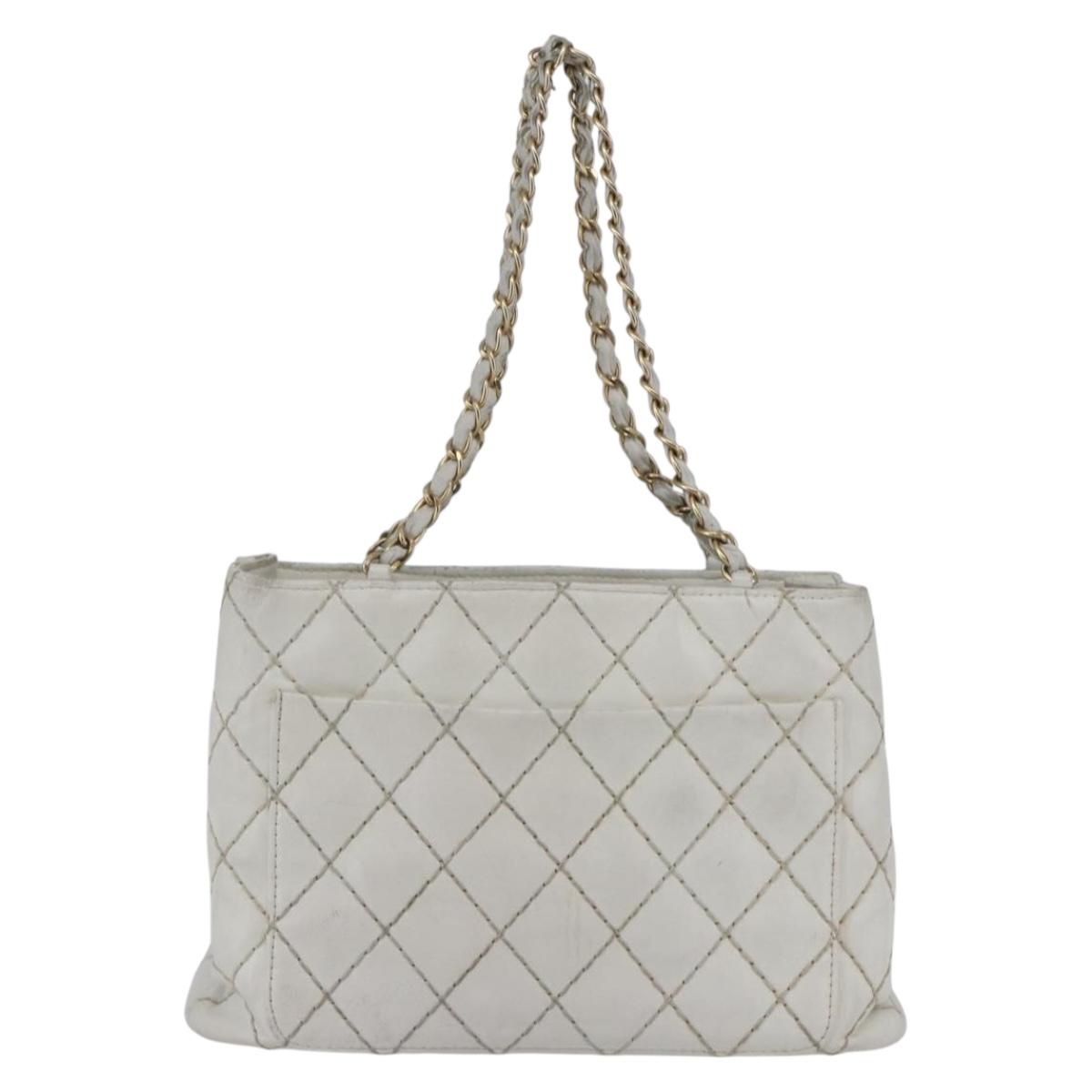 CHANEL Wild Stitch Chain Shoulder Bag Lamb Skin Beige Gold CC Auth BA6359